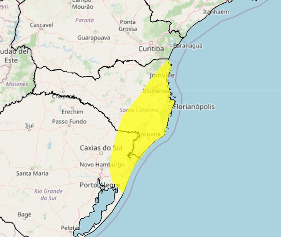 Chuva também deve ocorrer nesta quarta-feira, tanto no RS quanto em SC — Foto: INMET