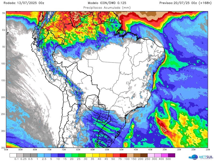 Mapa mostra regiões onde chove no Brasil nesta semana