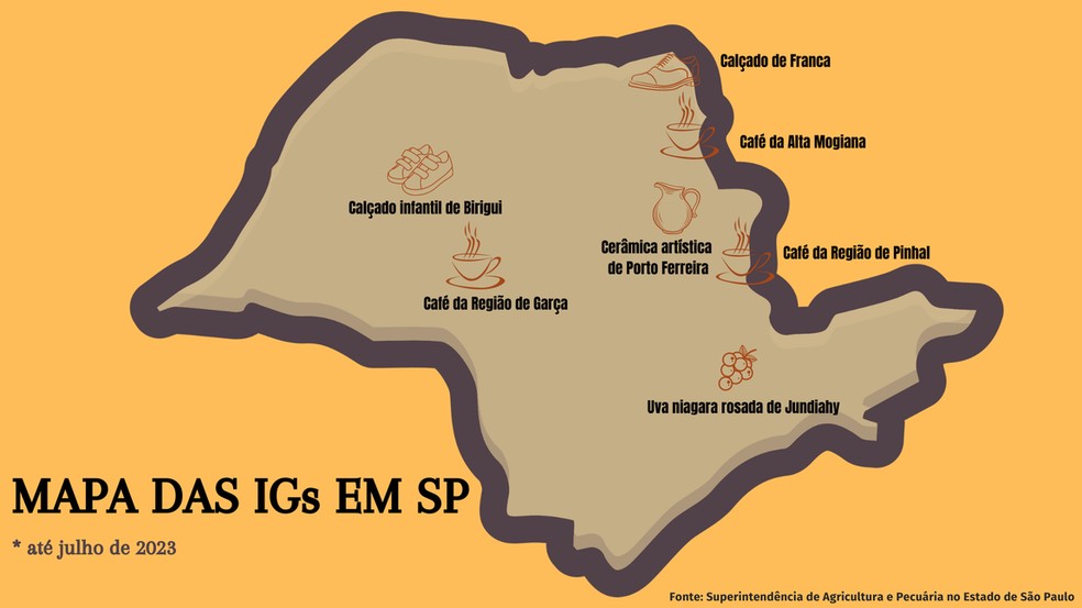 Mapa das Indicações Geográficas em São Paulo até julho de 2023 — Foto: Divulgação/Mapa