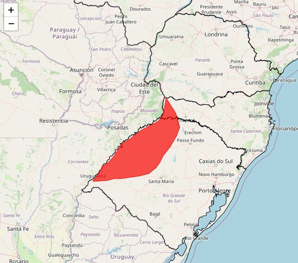 Alerta vermelho para a região oeste do RS e de SC — Foto: INMET/Reprodução