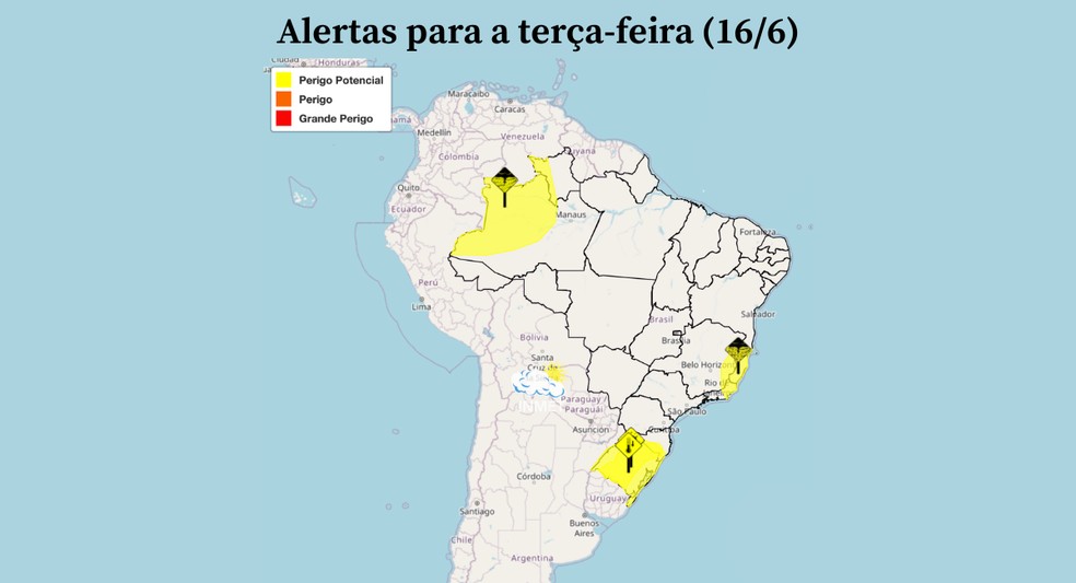 Alertas para a terça-feira (16/6) — Foto: Inmet