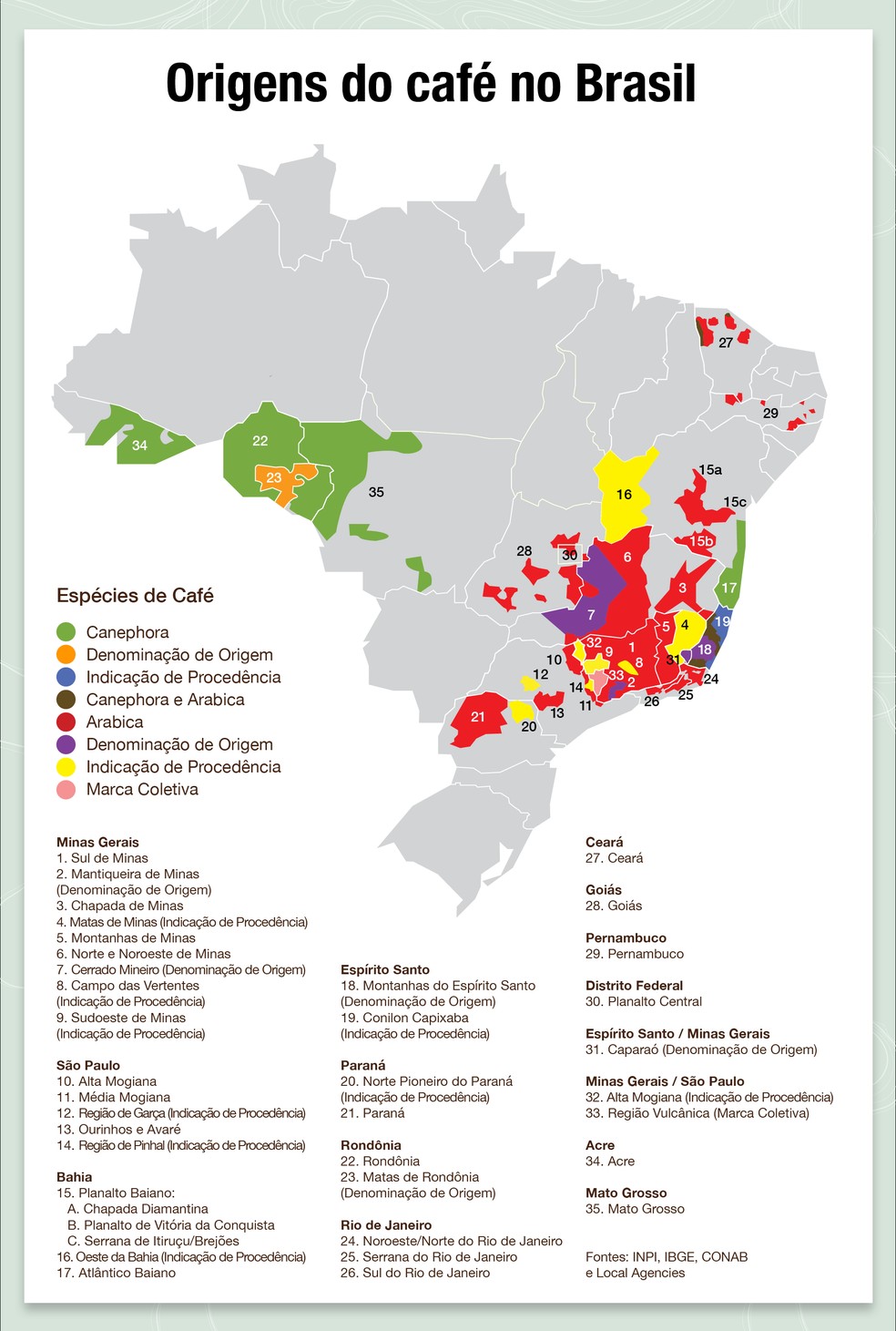 Mapa foi elaborado pela Associação Brasileira de Cafés Especiais (BSCA) — Foto: BSCA/Divulgação