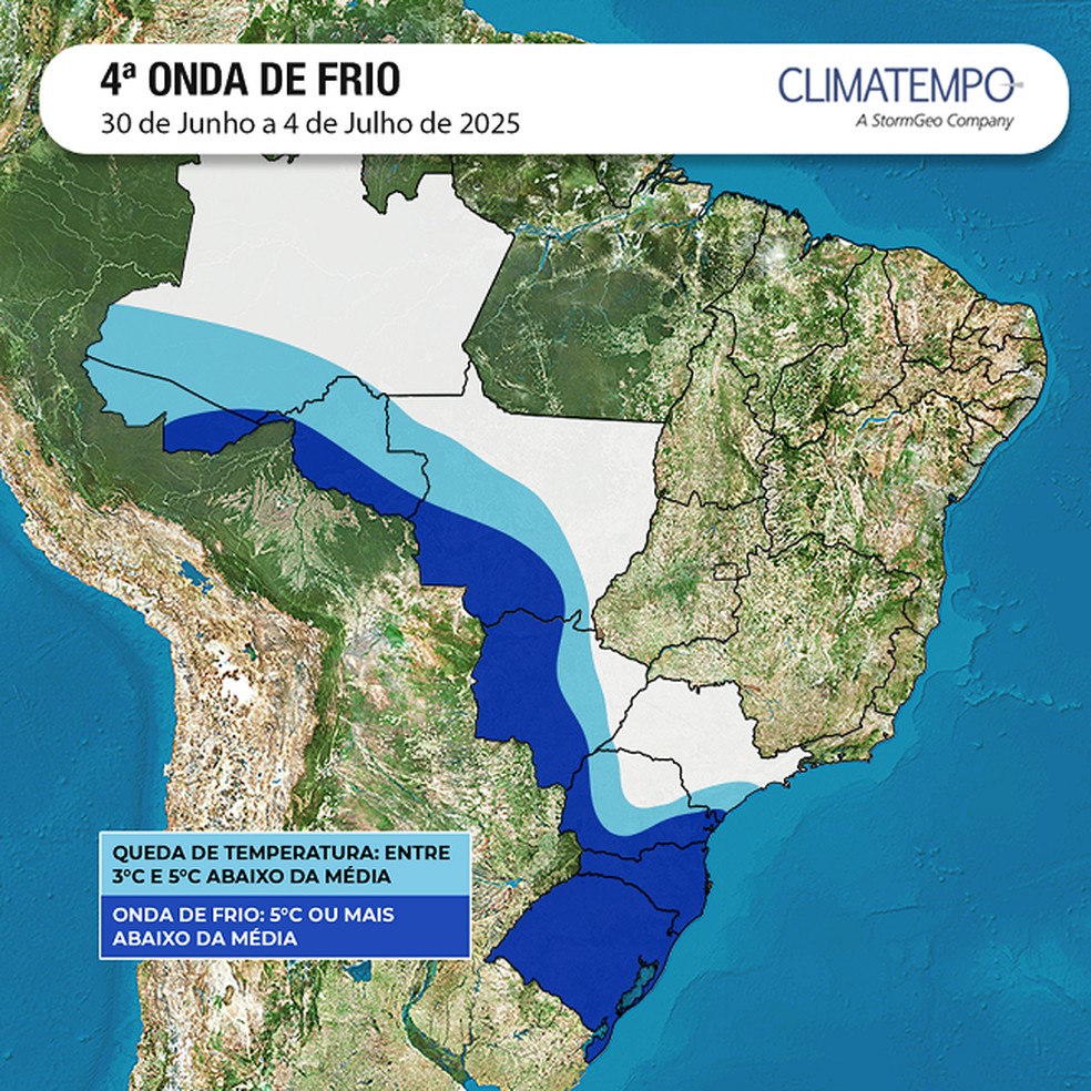 Tonalidades de azul indicam áreas de frio mais intenso no Brasil — Foto: Divulgação/ Climatempo