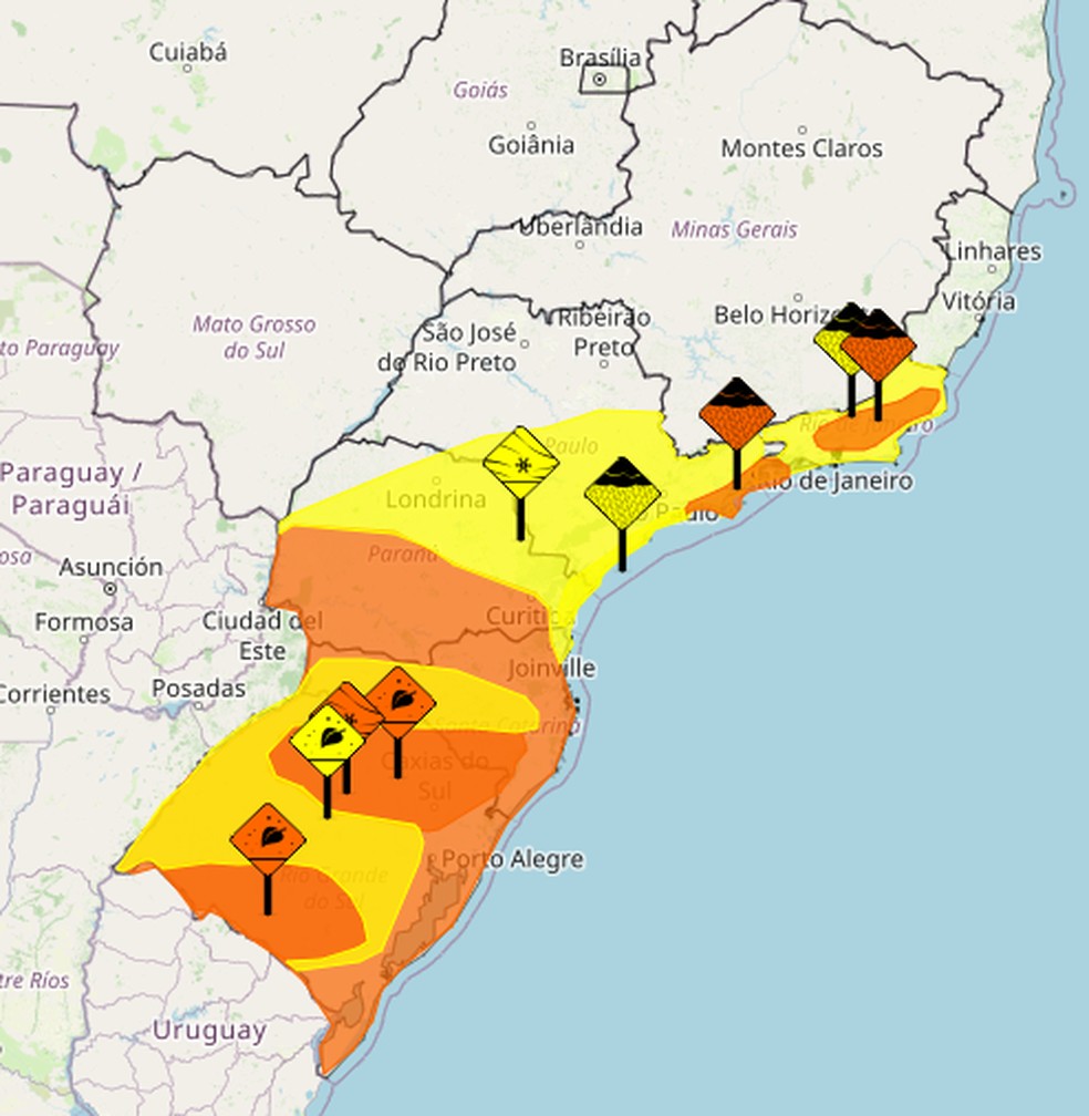Alertas do Inmet para geadas no Sul e chuvas em São Paulo e Rio de Janeiro — Foto: Inmet