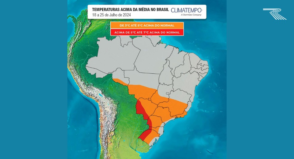 Veranico vai manter tardes quentes nas áreas em vermelho e laranja — Foto: Climatempo