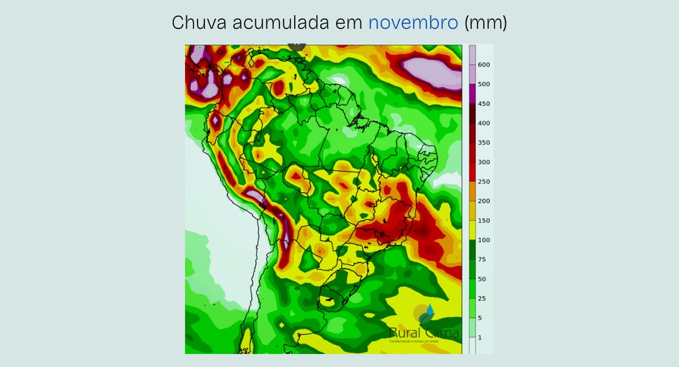 Chuva acumulada em novembro no Brasil — Foto: Rural Clima