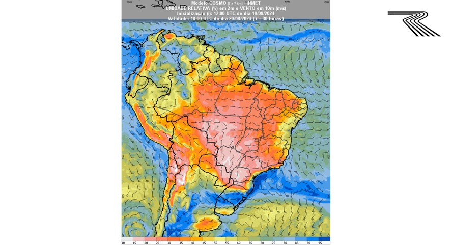 Previsão de umidade relativa do ar para 18h de terça-feira no Brasil