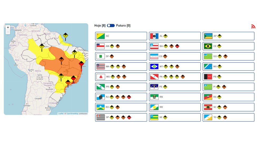DF e outros 22 Estados estão sob alerta do Inmet nesta quarta-feira — Foto: Inmet