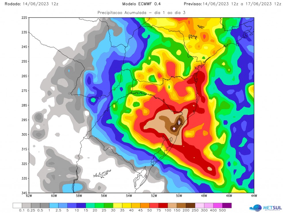 Acumulado de chuva previsto para até sábado (17/6) nos três estados do Sul — Foto: Metsul/Reprodução