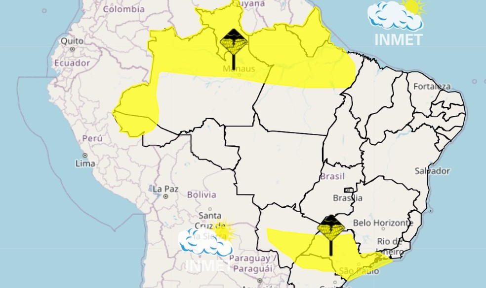 Mapa mostra regiões sob alerta amarelo do Inmet — Foto: Inmet