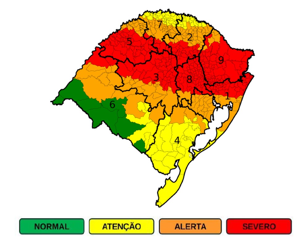 Mapa mostra onde deve se concventrar a chuva no RS neste domingo (12/5) — Foto: Defesa Civil do RS