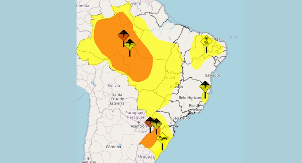Alertas do Inmet no Norte e no Sul — Foto: Inmet