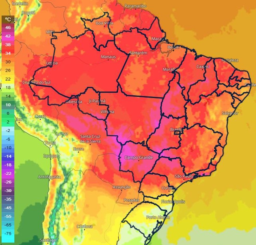 Previsão de temperaturas para 2 de outubro — Foto: Meteoblue/Reprodução