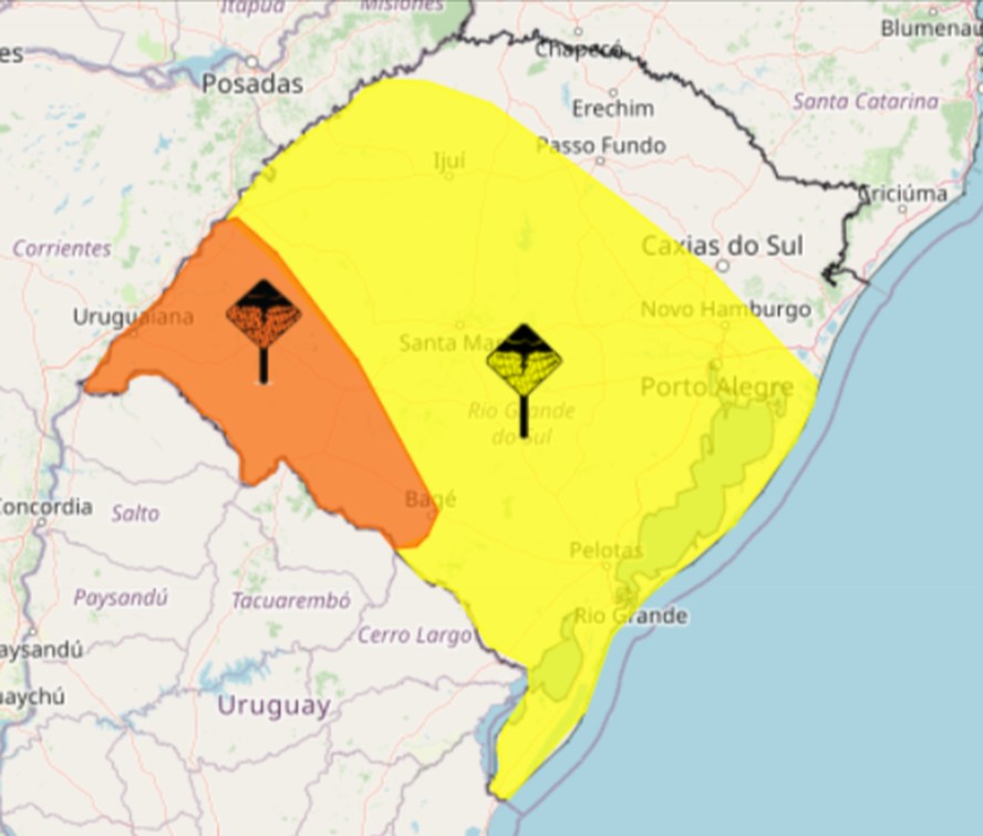 Acumulados na área em laranja podem chegar a 100 mm